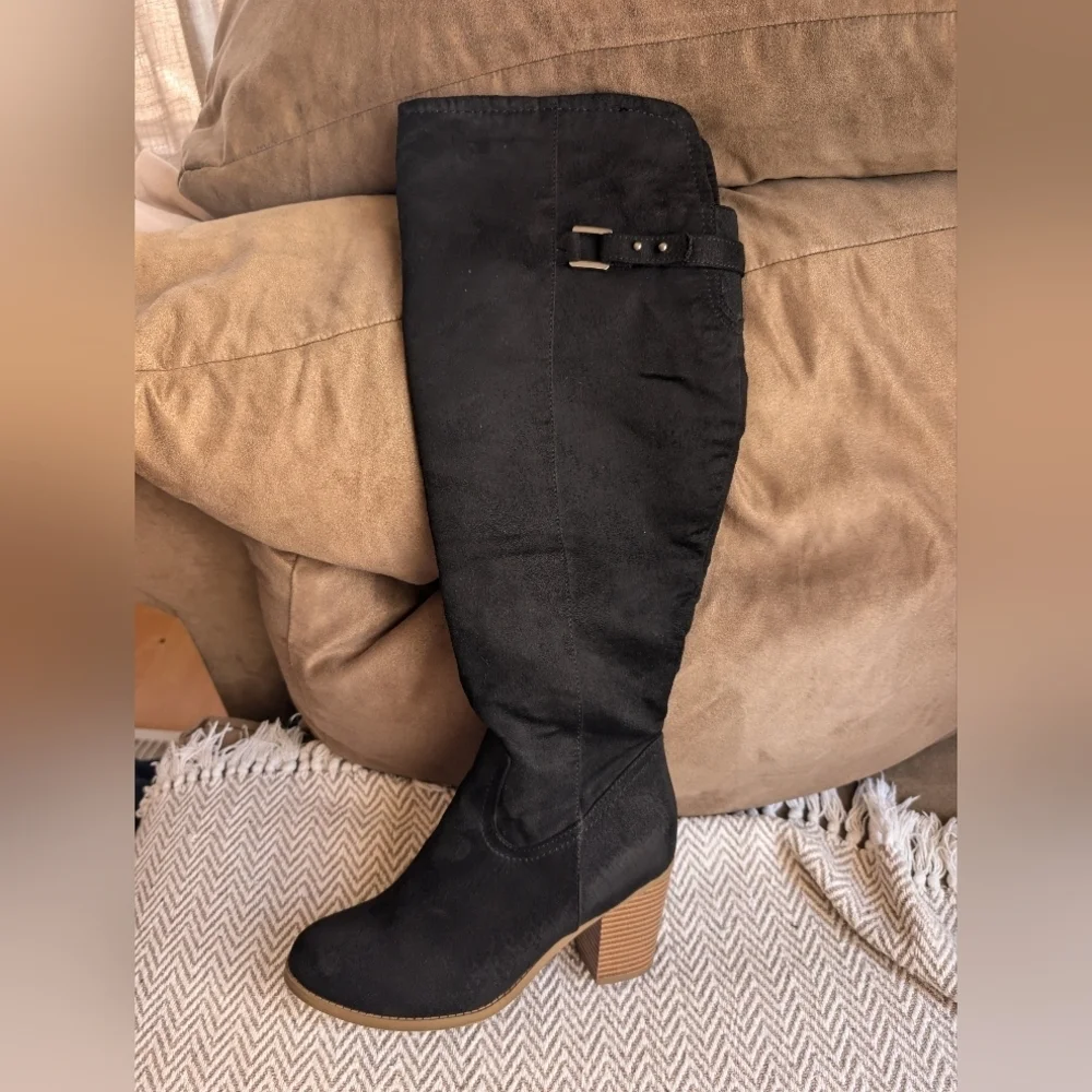 Sugar Suede Black Over the Knee Boots with Tan Heel Baddie